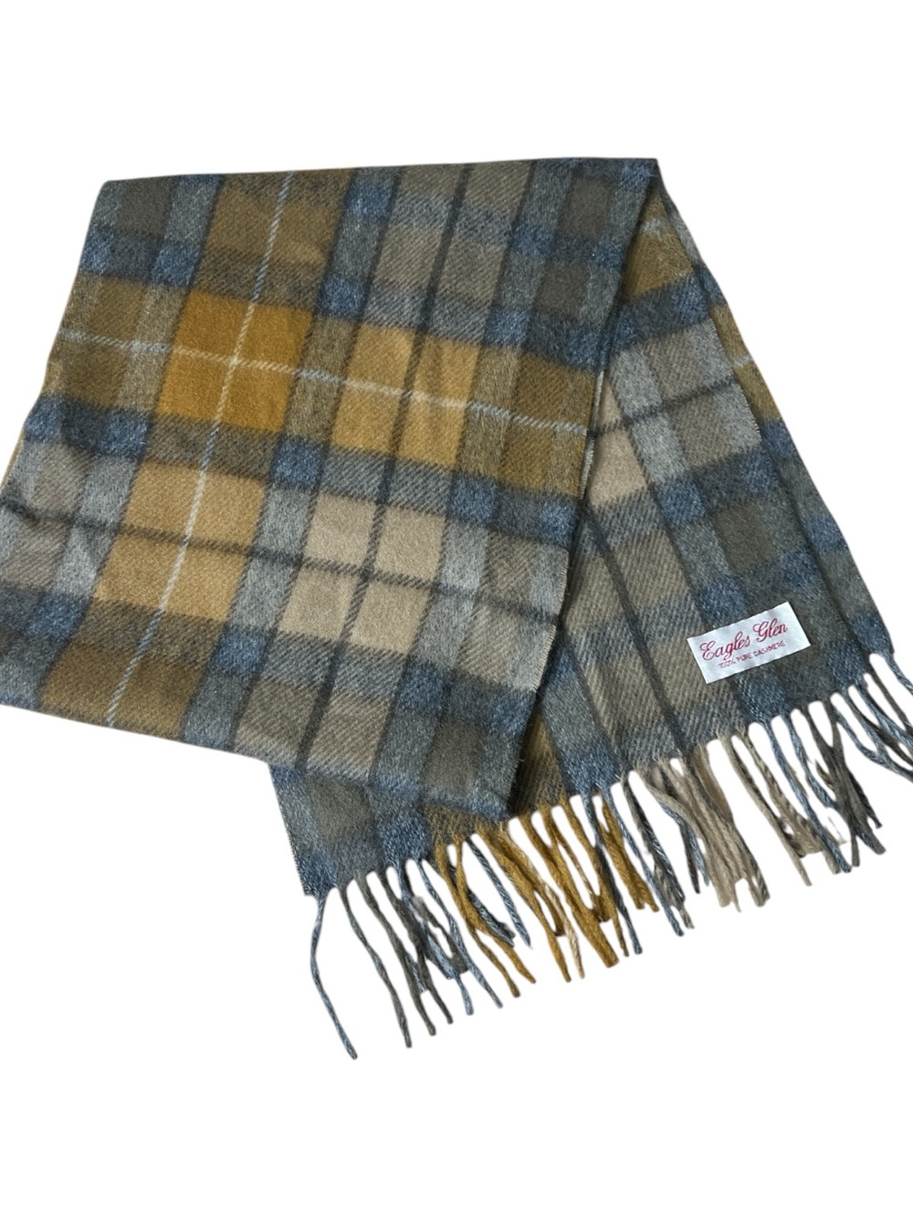 Eagles Glen 100% Pure Cashmere Scarf Brown Plaid Fringed 58”x12”